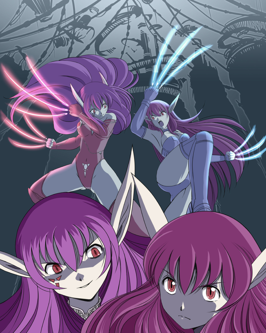 2girls, battle, boots, claw_(weapon), claws, facial_mark, fangs, highres, leotard, long_hair, multiple_girls, nei, neifirst, phantasy_star, phantasy_star_ii, pointy_ears, purple_footwear, purple_hair, sega, siblings, sisters, spoilers, thigh_boots, thighhighs, weapon