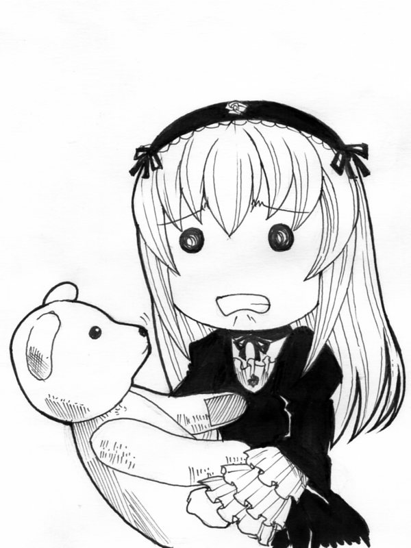 dress, greyscale, hairband, long_hair, monochrome, parody, rozen_maiden, stuffed_animal