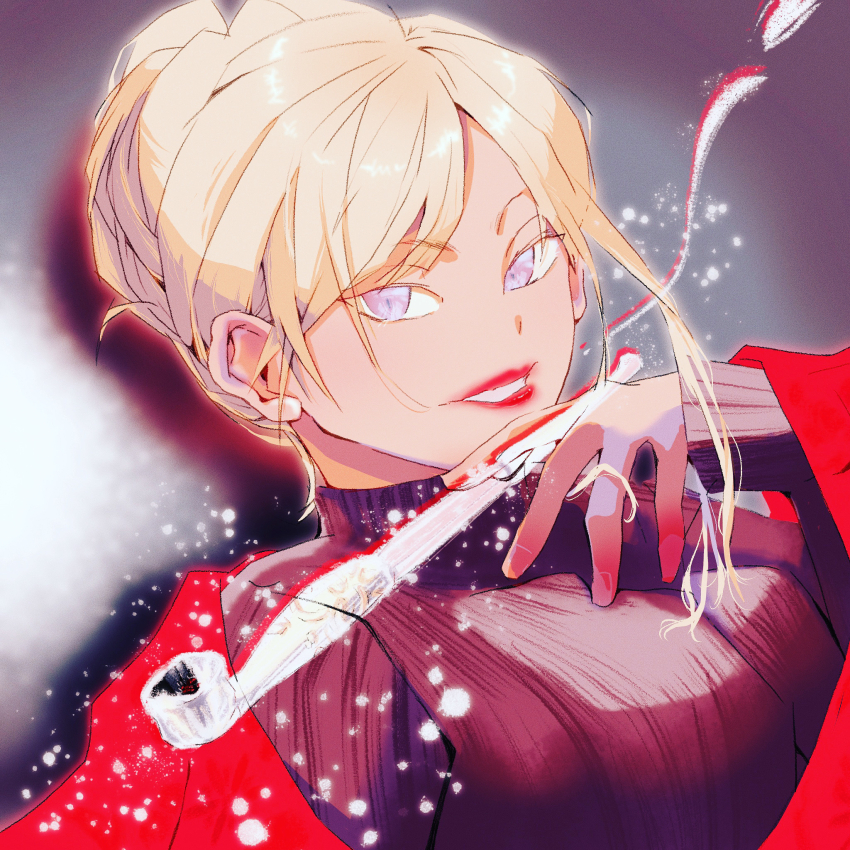 1girl, akane-banashi, blonde_hair, grey_background, grey_eyes, hair_up, hand_up, highres