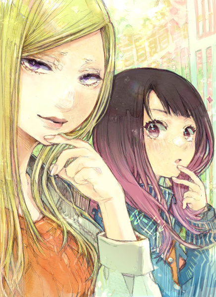 2girls, akane-banashi, black_hair, blonde_hair, blue_jacket, blush, gradient_hair, hand_up