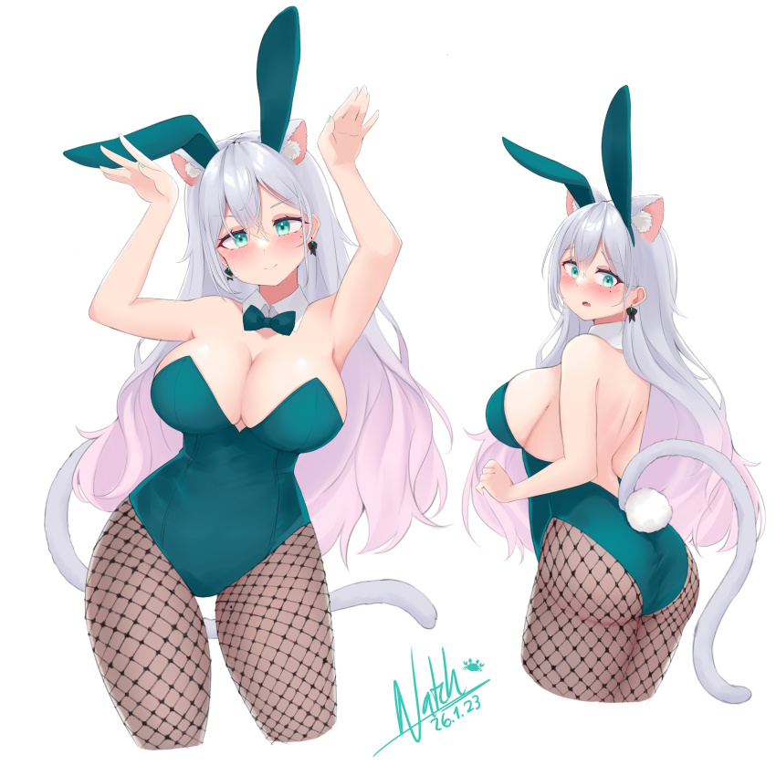 1girl, absurdres, animal_ear_fluff, animal_ears, aqua_leotard, arms_up, ass, backless_leotard
