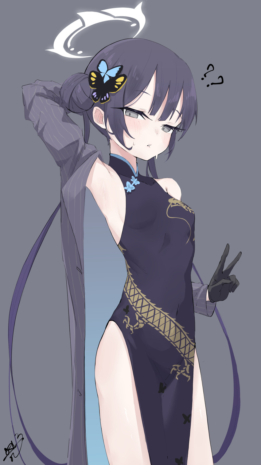 1girl, ?, ??, absurdres, arm_up, armpits, black_dress, black_gloves