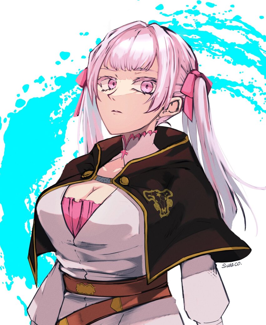 1girl, artist_name, belt, black_bulls_(emblem), black_capelet, black_clover, capelet, cleavage_cutout
