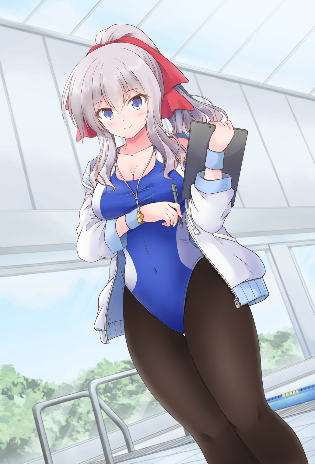 1girl, alternate_costume, alternate_hairstyle, black_pantyhose, blue_eyes, blue_one-piece_swimsuit, cardigan, commission, competition_swimsuit, covered_navel, feet_out_of_frame, grey_hair, hair_ribbon, highres, kantai_collection, kashima_(kancolle), looking_at_viewer, one-piece_swimsuit, open_cardigan, open_clothes, pantyhose, pantyhose_under_swimsuit, ponytail, red_ribbon, ribbon, shizuna_kaede, skeb_commission, smile, solo, sweater, swimsuit, wavy_hair, whistle, whistle_around_neck, white_sweater
