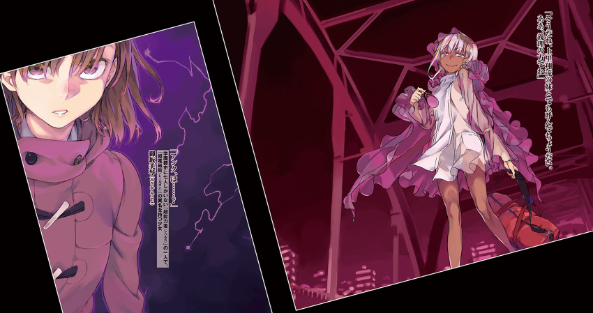 2girls, bag, bridge, brown_eyes, brown_hair, building, clock_necklace, closed_mouth