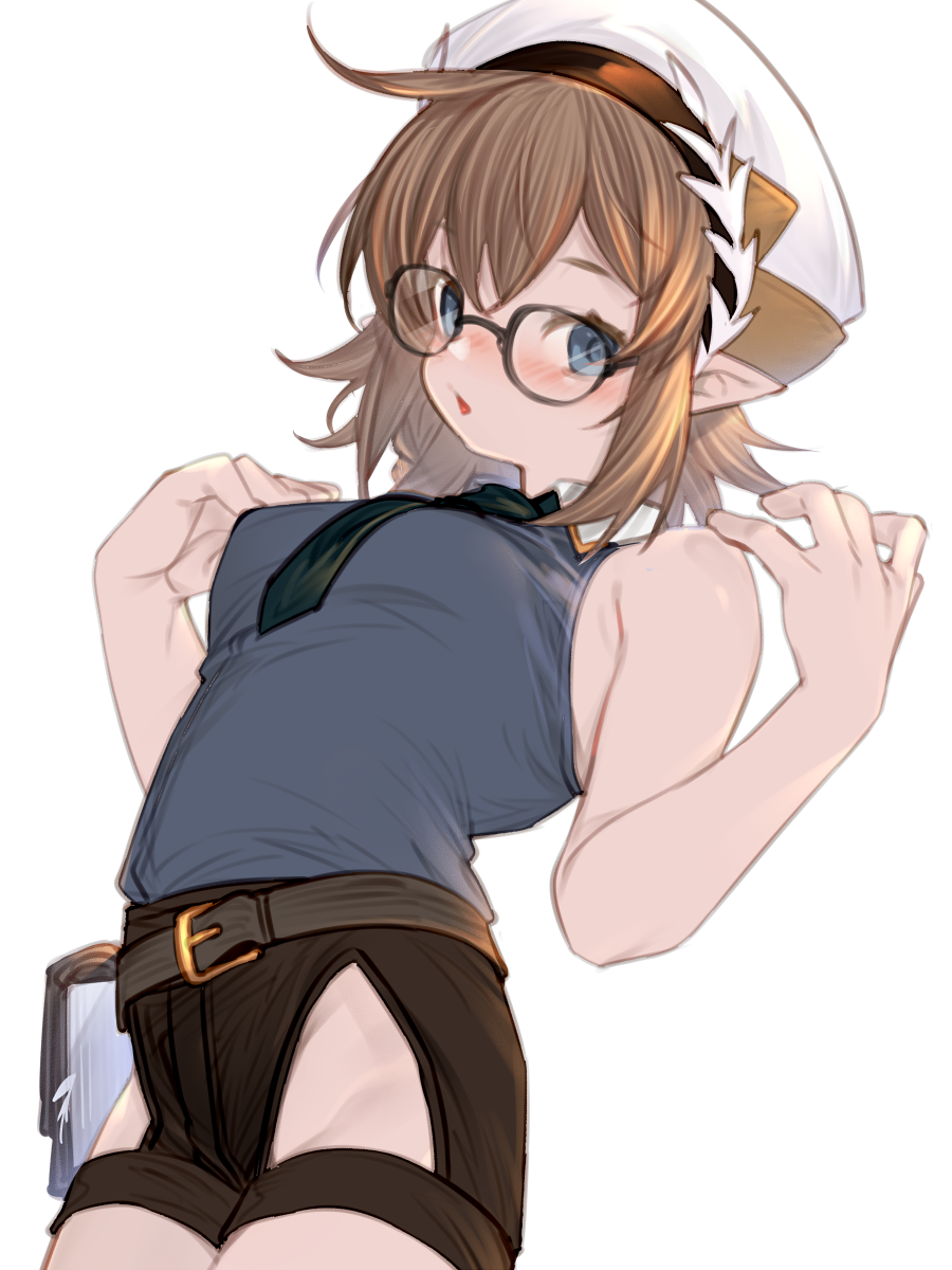 1girl, arknights, bare_shoulders, belt, black-framed_eyewear, black_shorts, blue_eyes, blue_shirt, blush, breasts, brown_hair, croque_diamondface_(arknights), glasses, hat, highres, kochiya_(gothope), looking_at_viewer, medium_breasts, parted_lips, pointy_ears, shirt, short_hair, shorts, simple_background, sleeveless, sleeveless_shirt, solo, white_background, white_hat