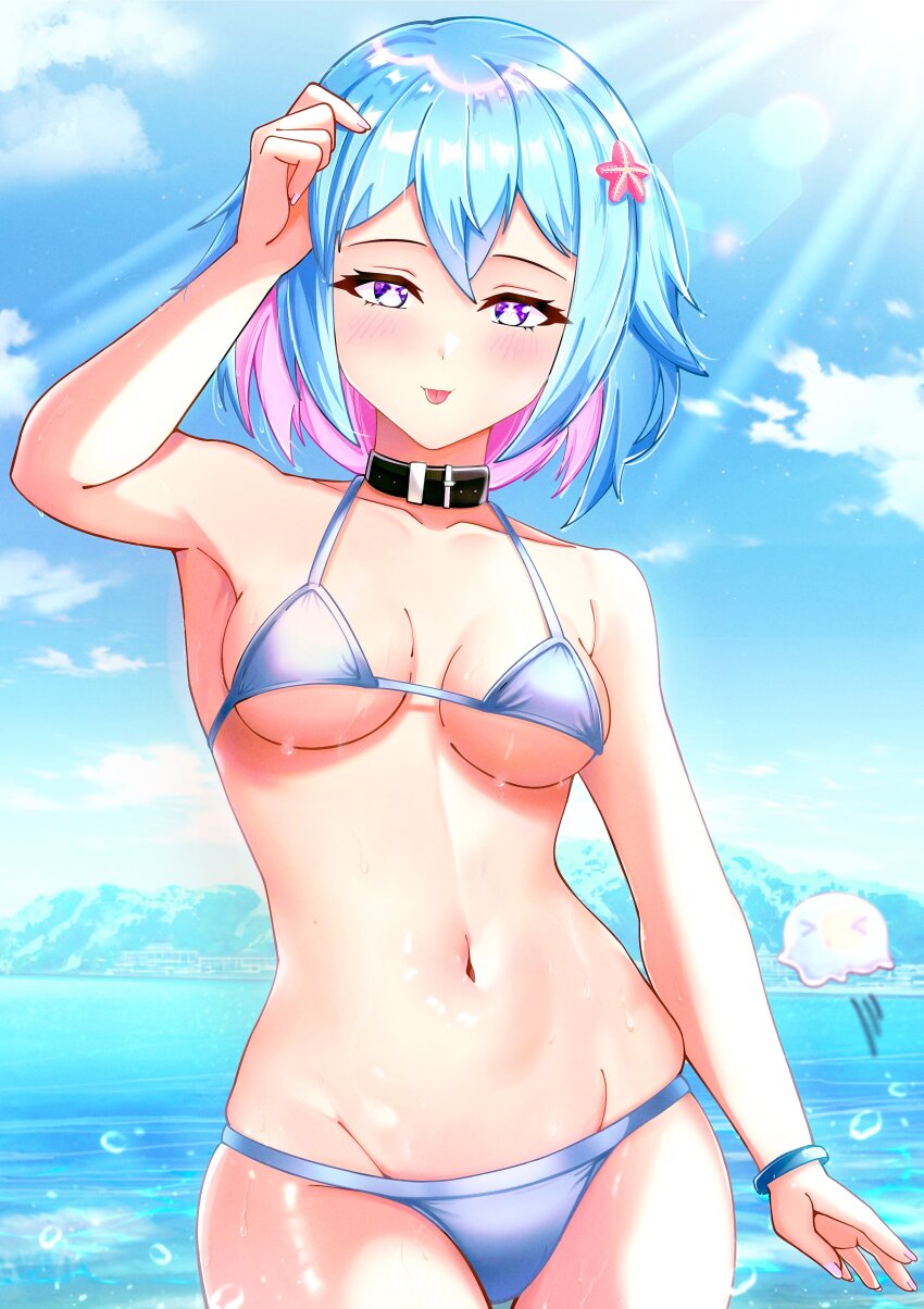 1girl, absurdres, arm_up, bikini, blue_hair, breasts, collar, hair_ornament