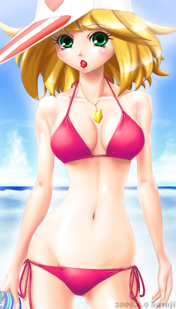 1girl, ai-chan, artist_name, bikini, blonde_hair, blush, breasts, cloud, contrapposto, dated, female_focus, glass, green_eyes, hat, jewelry, kaminari_ai, lipstick, long_hair, looking_at_viewer, lowleg, lowleg_bikini, makeup, medium_breasts, medium_hair, narrow_waist, necklace, ocean, outdoors, parted_lips, pendant, red_lips, sasaji, side-tie_bikini_bottom, sky, solo, swimsuit, time_bokan_(series), yatterman