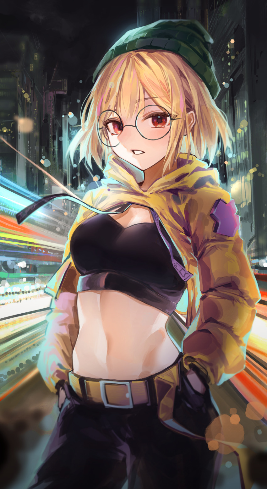 1girl, absurdres, beanie, belt, black_pants, black_sports_bra, blonde_hair, breasts, brown_eyes, city, cocoballking, cosplay, glasses, green_hat, hands_in_pockets, hat, highres, hood, hood_down, jingburger, killjoy_(valorant), killjoy_(valorant)_(cosplay), medium_breasts, midriff, navel, pants, red_eyes, round_eyewear, short_hair, shrug_(clothing), solo, sports_bra, stomach, valorant, virtual_youtuber, waktaverse, yellow_belt