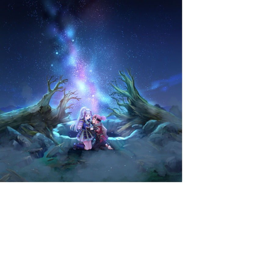 2girls, alpha_transparency, armor, armored_boots, black_gloves, black_headband, black_pants, blue_armor