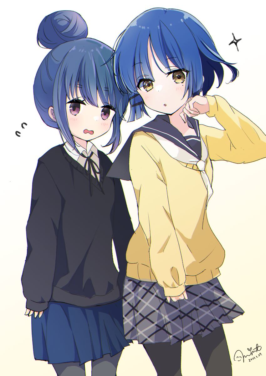2girls, absurdres, blue_hair, bocchi_the_rock!, color_connection, company_connection, cosplay, costume_switch, crossover, flying_sweatdrops, gradient_background, hair_bun, hair_color_connection, highres, long_sleeves, mint_(mintlemonade3), mole, mole_under_eye, motosu_school_uniform, multiple_girls, pantyhose, purple_eyes, sailor_collar, school_uniform, shima_rin, shimokitazawa_high_school_uniform, simple_background, sleeves_past_wrists, trait_connection, yamada_ryo, yellow_eyes, yurucamp