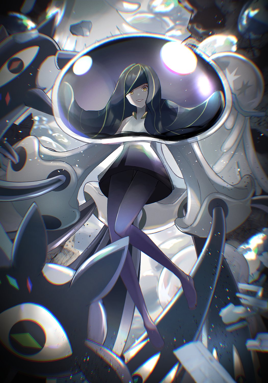 1girl, black_hair, blonde_hair, blurry, chromatic_aberration, commentary_request, dress, eyelashes