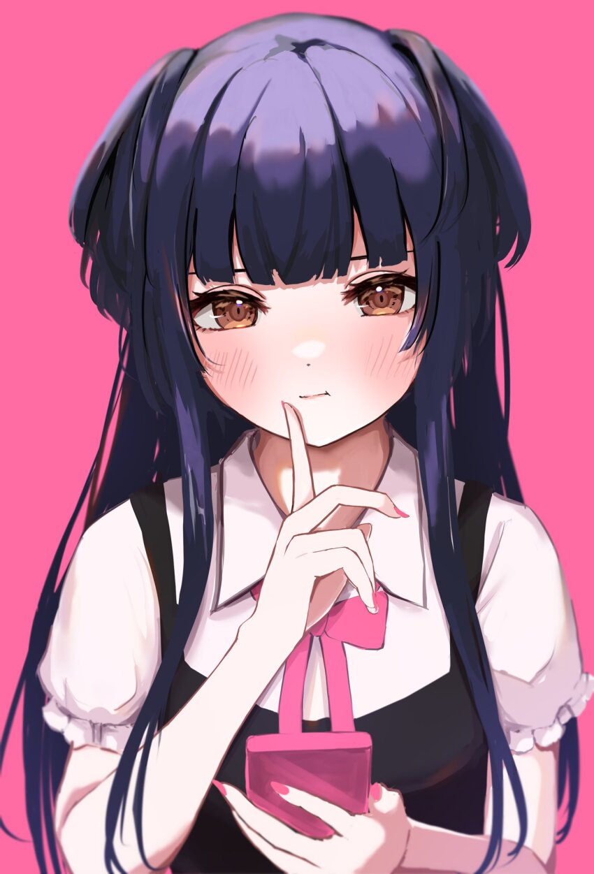 1girl, :t, black_hair, blunt_bangs, blush, dress, finger_to_mouth, fingernails