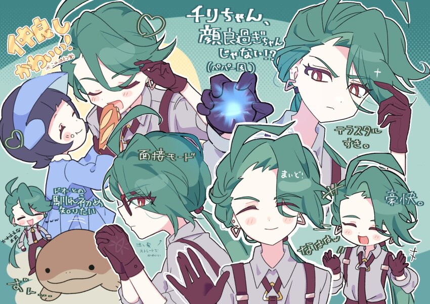 2girls, 9_wapuwapu, adjusting_hair, black_gloves, black_necktie, blush_stickers, bonnet, bright_pupils