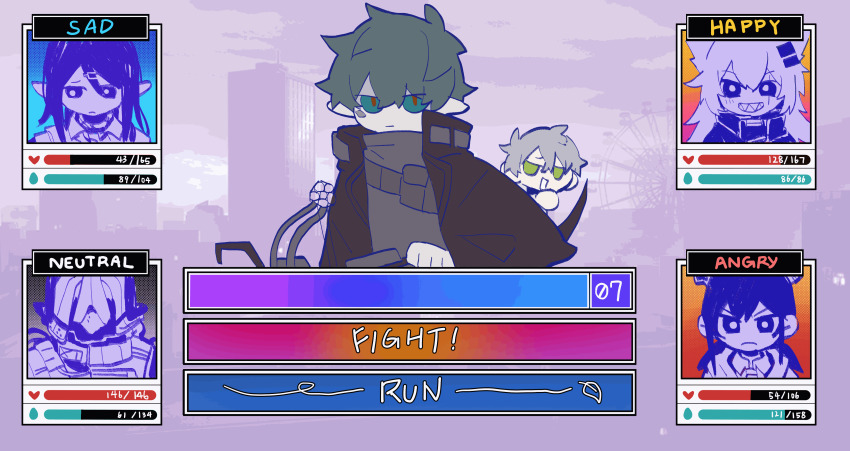 3boys, 3girls, absurdres, animated, animated_gif, arknights, black_jacket, blue_eyes, blush, bow_(weapon), ch'en_(arknights), collar, crossbow, faust_(arknights), frown, gameplay_mechanics, green_eyes, grey_hair, grey_shirt, grin, hair_ornament, hairclip, health_bar, helmet, highres, holding, holding_crossbow, holding_weapon, jacket, lappland_(arknights), long_hair, mephisto_(arknights), mudrock_(arknights), multiple_boys, multiple_girls, omori, open_clothes, open_jacket, parody, pointy_ears, red_pupils, scar, scar_across_eye, scar_on_face, shalem_(arknights), sharp_teeth, shirt, smile, south_ac, teeth, v-shaped_eyebrows, weapon