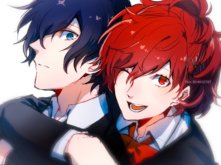 1boy, 1girl, blue_eyes, blue_hair, bow, bowtie, eme_(204), gekkoukan_high_school_uniform, hair_ornament, hair_over_one_eye, hairclip, hug, hug_from_behind, one_eye_closed, persona, persona_3, persona_3_portable, red_bow, red_bowtie, red_eyes, red_hair, school_uniform, shiomi_kotone, short_hair, smile, yuuki_makoto_(persona_3)