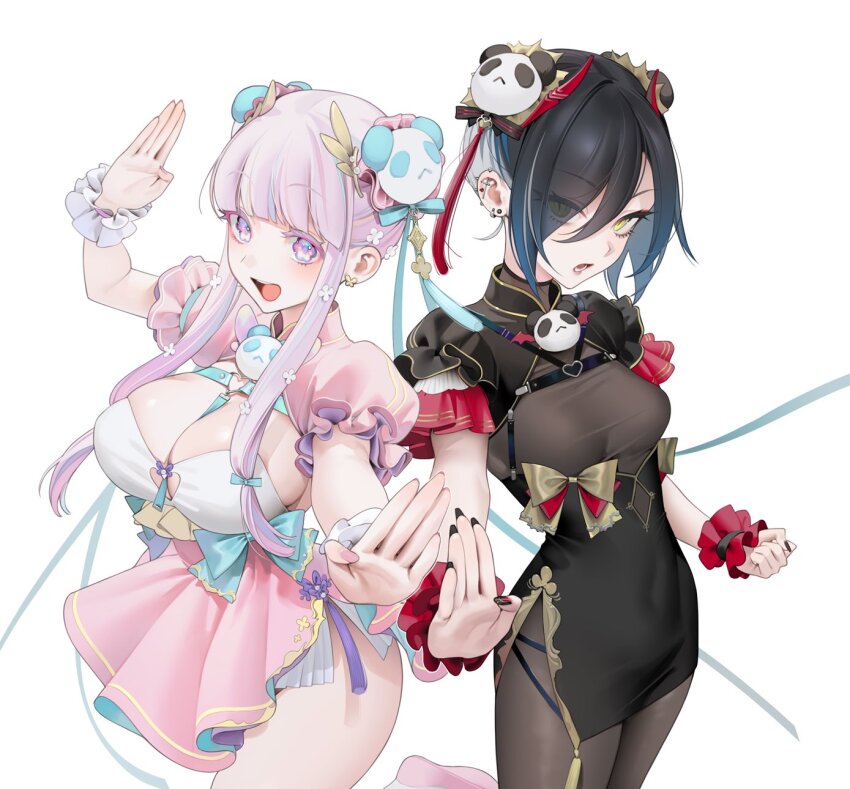 2girls, :d, :o, alternate_costume, alternate_hairstyle, azur_lane, black_dress, black_hair