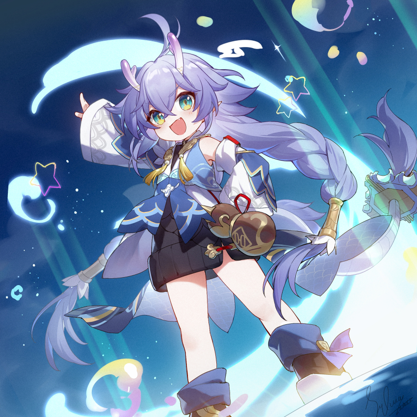 1girl, :d, absurdres, bailu_(honkai:_star_rail), black_dress, blush, braid, braided_ponytail