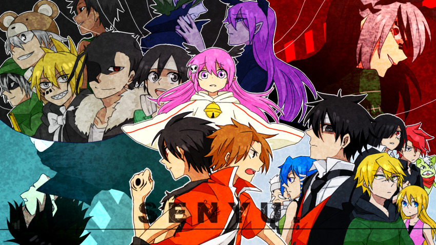 5girls, 6+boys, alba_(senyuu), ares_strahl, blonde_hair, blue_hair, brown_eyes, closed_eyes