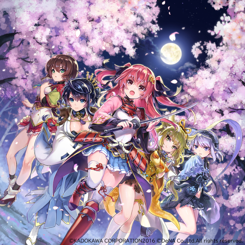 5girls, armor, blonde_hair, blue_eyes, blue_hair, brown_eyes, cape, cherry_blossoms