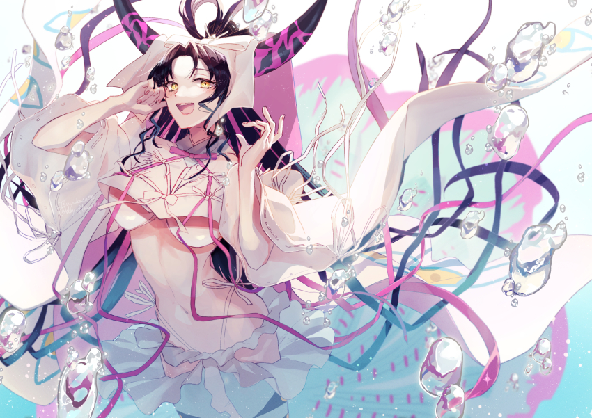 1girl, air_bubble, artist_name, bikini, black_hair, black_horns, bow-shaped_hair, breasts, bubble, commentary, detached_sleeves, fate/grand_order, fate_(series), hands_up, highres, horns, large_breasts, long_hair, looking_at_viewer, mermaid, mermaid_costume, monster_girl, multicolored_hair, multicolored_horns, navel, open_mouth, parted_bangs, pink_hair, pink_horns, pink_ribbon, ribbon, sessyoin_kiara, sessyoin_kiara_(heaven's_hole), sessyoin_kiara_(swimsuit_mooncancer)_(third_ascension), sidelocks, smile, solo, streaked_hair, swimsuit, teeth, tsuyukusa_(eeta7273), twitter_username, underboob, upper_teeth_only, veil, very_long_hair, white_bikini, white_ribbon, white_sleeves, white_veil, wide_sleeves, yellow_eyes