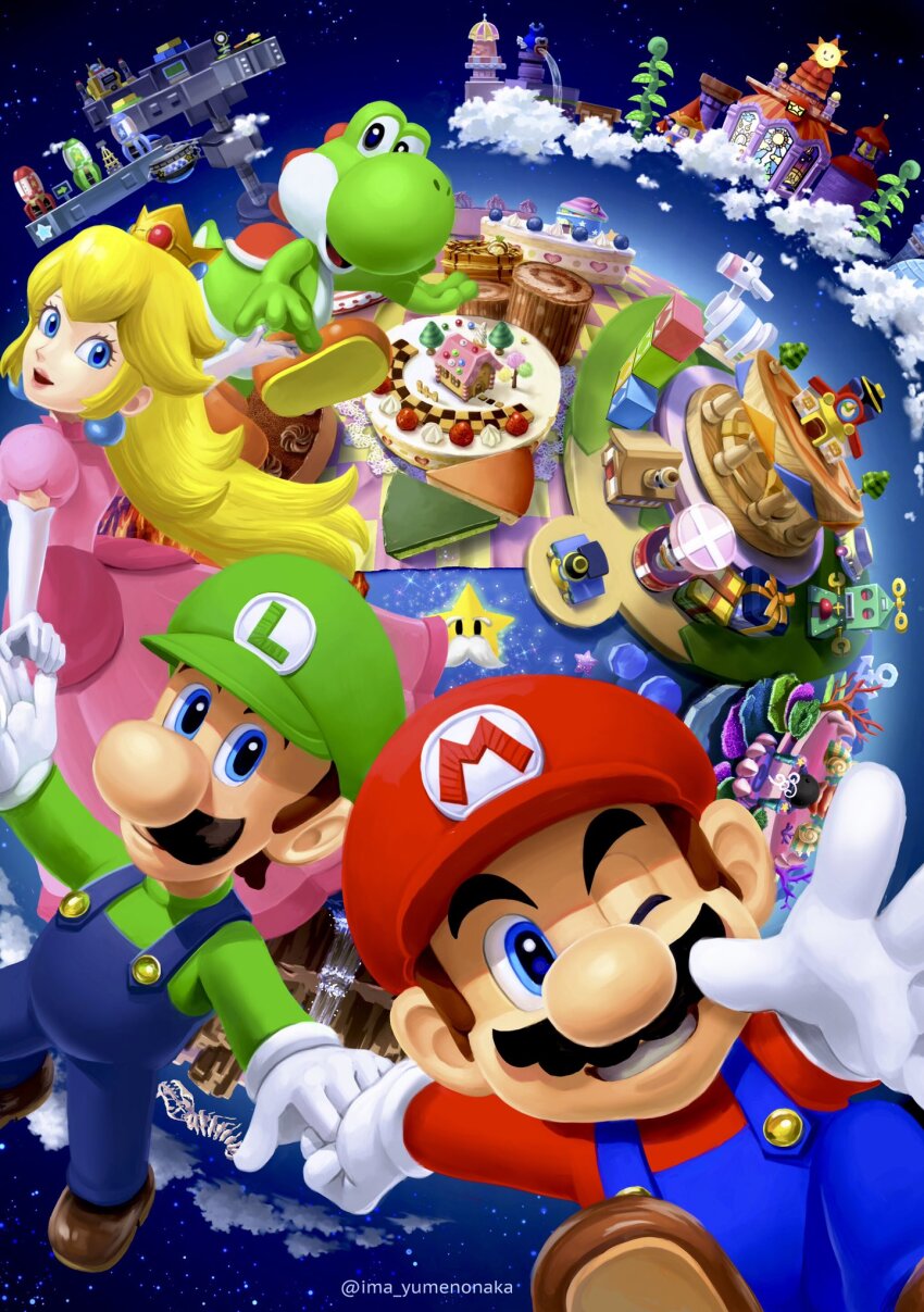 1girl, 2boys, anchor, arm_up, artist_name, bean_stalk, blue_eyes, blue_overalls