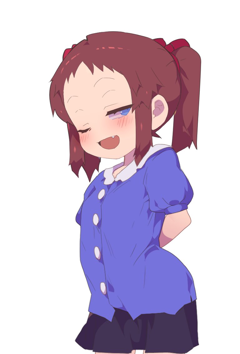 1girl, arms_behind_back, blouse, blue_eyes, brown_hair, buttons, contrapposto, fang, female_focus, game_cg, loli, looking_at_viewer, naughty_face, one_eye_closed, open_mouth, original, pigfarm55555, puffy_short_sleeves, puffy_sleeves, shirt, short_bangs, short_sleeves, simple_background, skirt, solo, twintails, white_background