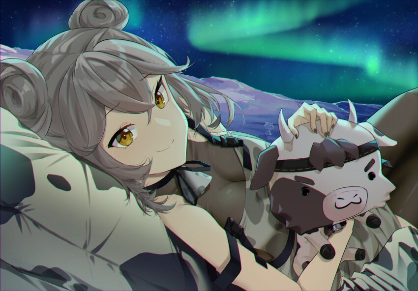 1girl, absurdres, animal_print, armband, aurora, bare_arms, bare_shoulders, black_nails