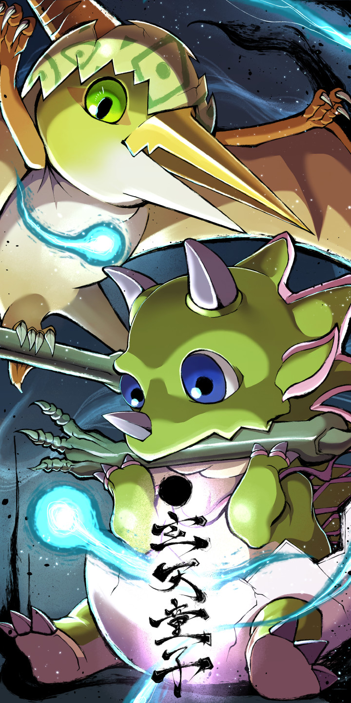 artist_name, babycerasaurus, biting, blue_eyes, bone, dinosaur, duel_monster, egg, flying, genten_douji, green_eyes, highres, holding, holding_bone, no_humans, pterosaur, triceratops, yu-gi-oh!