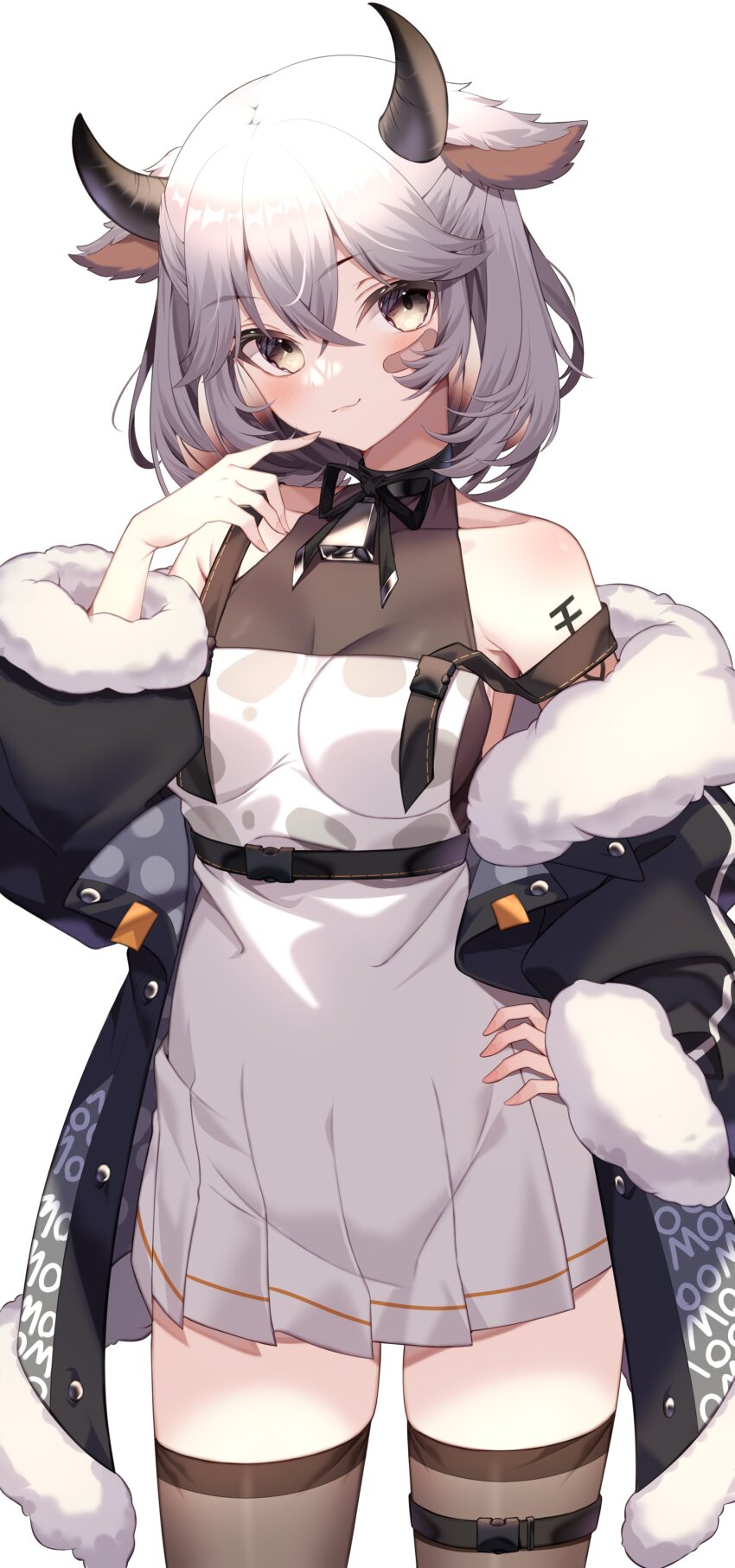1girl, absurdres, animal_ears, animal_print, bandaid, bandaid_on_cheek, bandaid_on_face, bare_shoulders, bell, black_choker, black_jacket, breasts, brown_thighhighs, choker, closed_mouth, colored_inner_hair, commentary, cow_ears, cow_girl, cow_horns, cow_print, cowbell, cowboy_shot, dress, english_commentary, fur_trim, grey_eyes, hand_on_own_hip, hand_up, highres, horns, indie_virtual_youtuber, jacket, jun_(aousa0328), long_sleeves, medium_breasts, moosuki_(vtuber), multicolored_hair, off_shoulder, open_clothes, open_jacket, pleated_dress, second-party_source, short_dress, simple_background, sleeveless, sleeveless_dress, smile, solo, standing, thigh_strap, thighhighs, thighs, virtual_youtuber, white_background, white_dress, white_hair, zettai_ryouiki