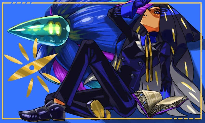 1girl, absurdres, arm_up, black_footwear, black_hair, black_jacket, black_pants, blue_background