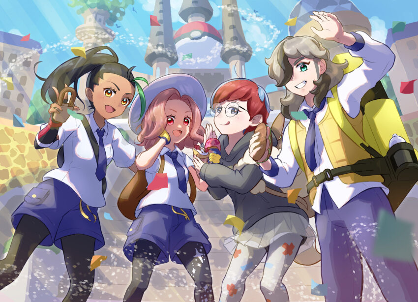 1boy, 3girls, alternate_hairstyle, arm_up, arven_(pokemon), backpack, bag, black_hair, black_pantyhose, brown_hair, collared_shirt, commentary_request, day, eyelashes, food, green_eyes, green_hair, grin, hair_over_one_eye, hat, highres, holding, hood, hoodie, juliana_(pokemon), kanon_(ta_sakurairo), long_hair, multicolored_hair, multiple_girls, necktie, nemona_(pokemon), nintendo, open_clothes, open_mouth, open_vest, outdoors, pants, pantyhose, penny_(pokemon), pokemon, pokemon_scarlet_and_violet, ponytail, print_pantyhose, round_eyewear, sandwich, see-through_clothes, see-through_skirt, shirt, shorts, skirt, smile, teeth, two-tone_hair, vest, white_shirt, yellow_bag, yellow_vest