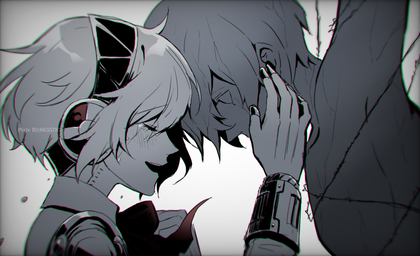 1boy, 1girl, absurdres, aigis_(persona), android, closed_eyes, crying, eme_(204)