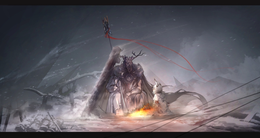 1boy, 1girl, absurdres, animal_ears, antlers, arknights, armored_gloves, black_cloak