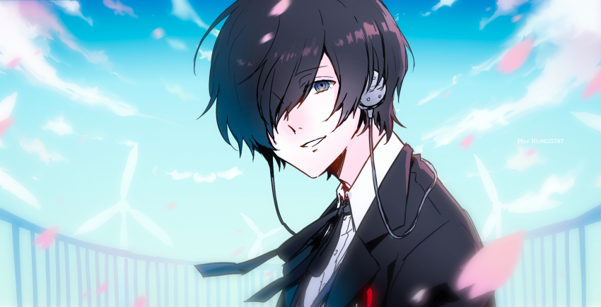 1boy, blue_eyes, blue_hair, blue_sky, cherry_blossoms, clenched_teeth, eme_(204), gekkoukan_high_school_uniform