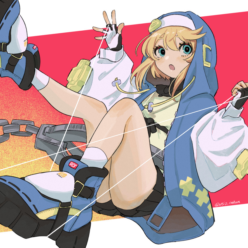 1boy, androgyne_symbol, aqua_eyes, blonde_hair, bridget_(guilty_gear), fingerless_gloves, gloves, guilty_gear, guilty_gear_strive, habit, highres, hood, hood_up, hooded_jacket, jacket, long_sleeves, looking_at_viewer, male_focus, open_mouth, puffy_long_sleeves, puffy_sleeves, short_hair_with_long_locks, trap, usio_(tsuqmo)