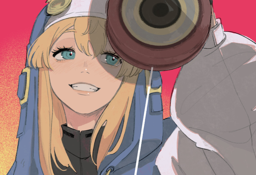 1boy, aqua_eyes, blonde_hair, bridget_(guilty_gear), grin, guilty_gear, guilty_gear_strive, habit, highres, hood, hood_up, hooded_jacket, jacket, long_hair, long_sleeves, looking_to_the_side, male_focus, puffy_long_sleeves, puffy_sleeves, smile, trap, usio_(tsuqmo), yo-yo
