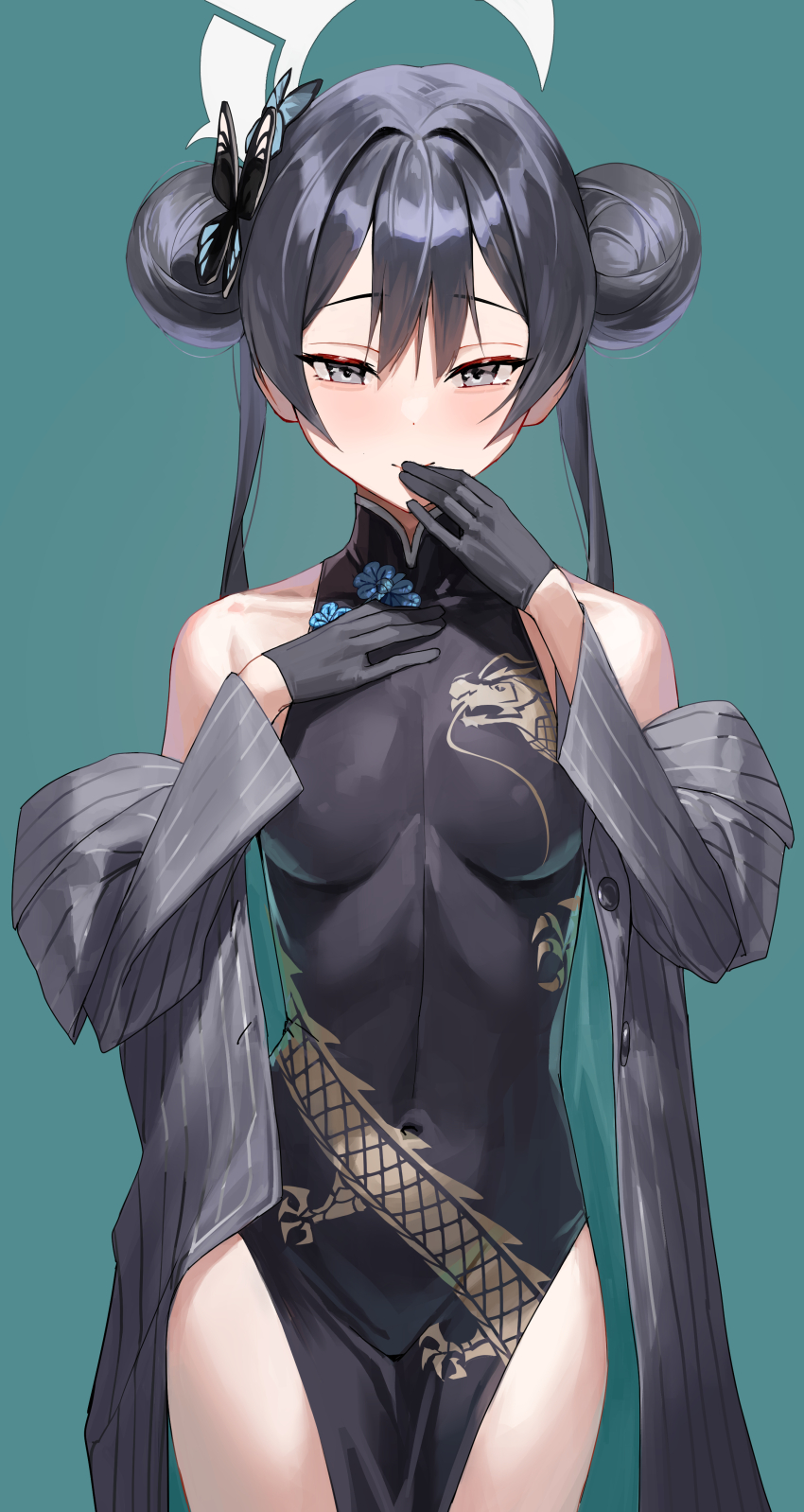 1girl, absurdres, bare_shoulders, black_dress, black_gloves, black_hair, blue_archive, breasts