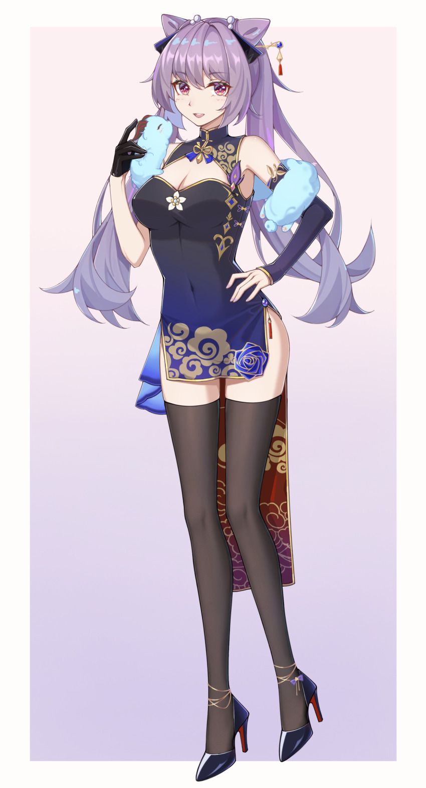 1girl, absurdres, asymmetrical_gloves, black_dress, black_footwear, black_gloves, black_thighhighs, blue_hair