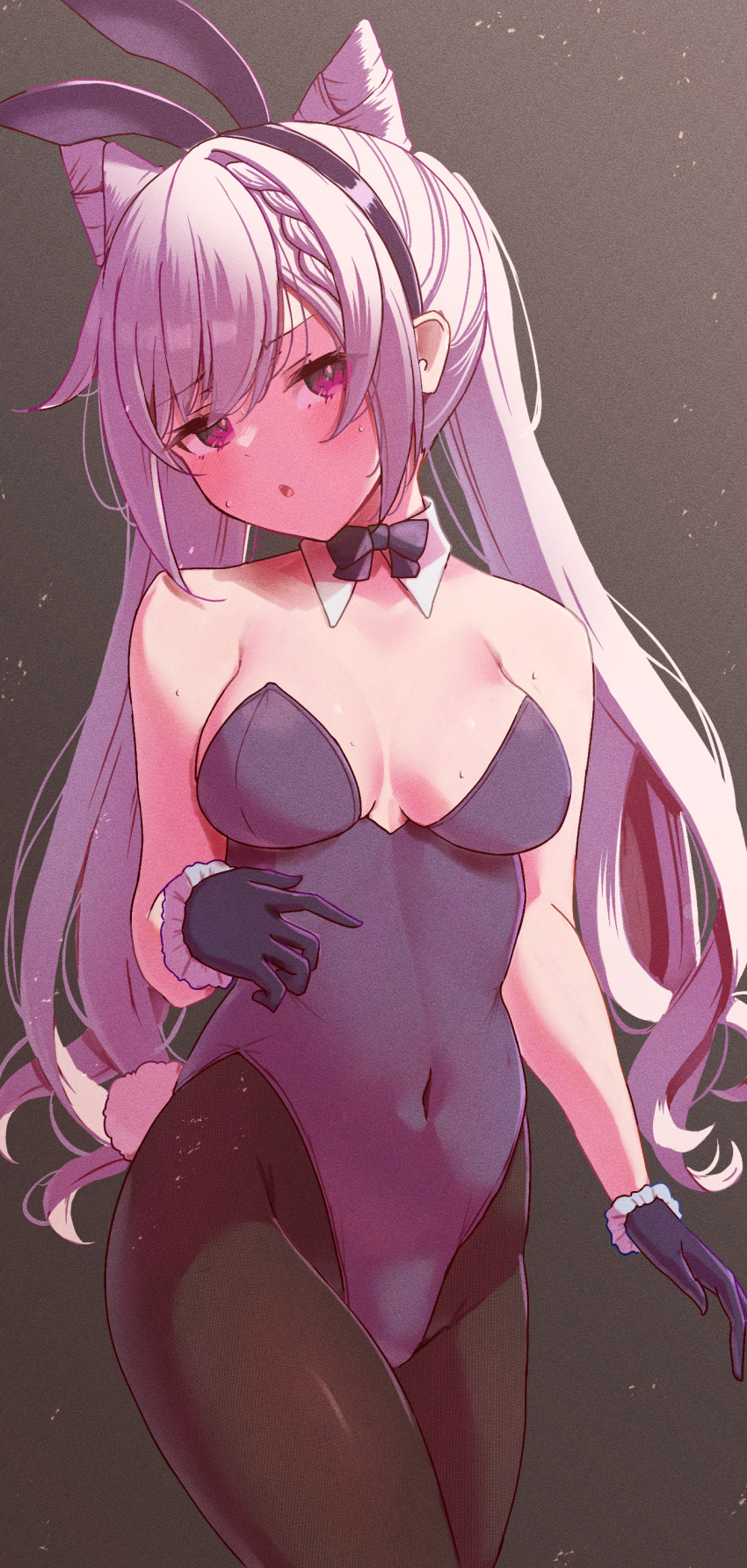1girl, absurdres, animal_ears, bare_shoulders, black_bow, black_bowtie, black_gloves, black_hairband