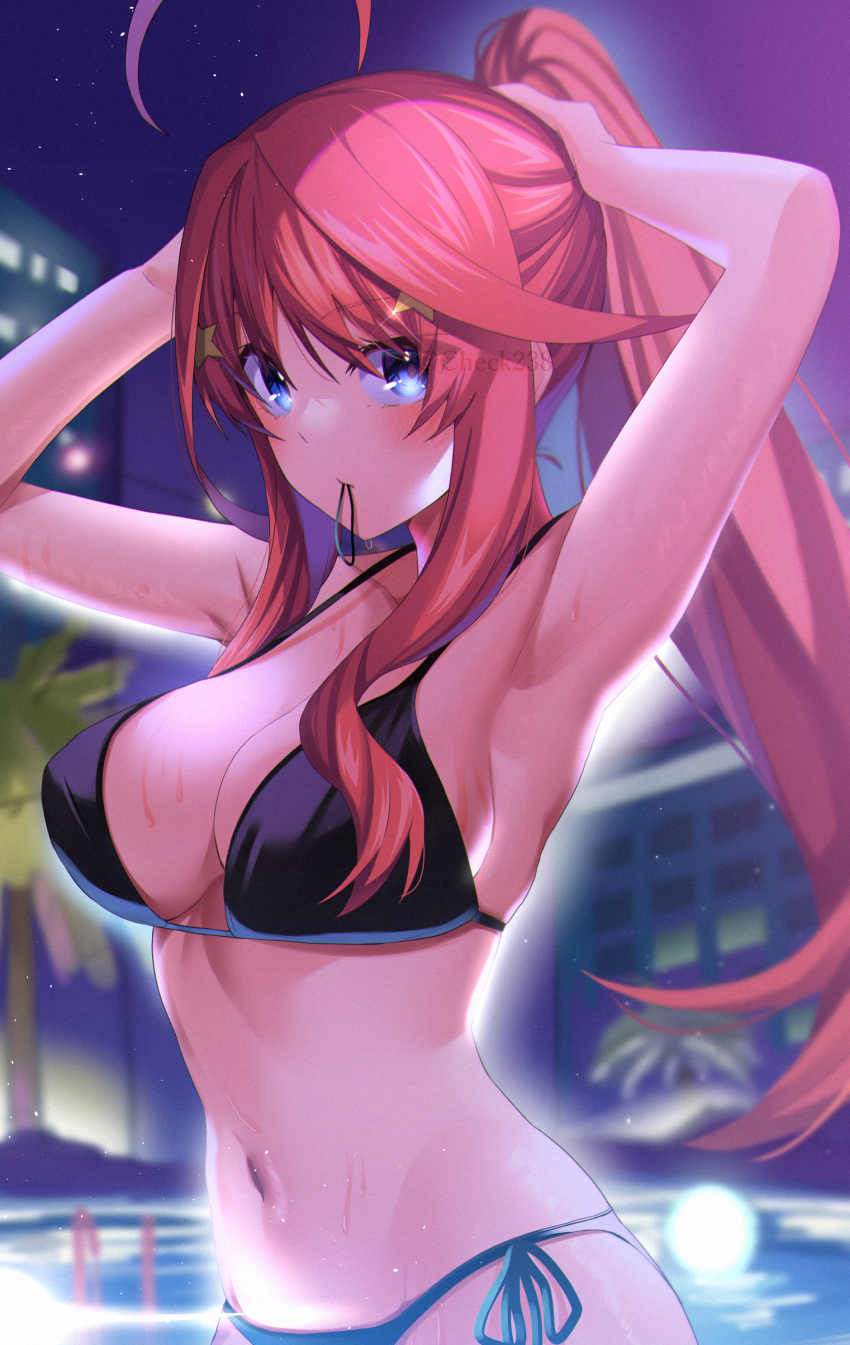 1girl, absurdres, ahoge, armpits, bikini, black_bikini, blue_bikini, blue_eyes, breasts, cleavage, collarbone, floating_hair, go-toubun_no_hanayome, hair_between_eyes, hair_ornament, high_ponytail, highres, large_breasts, long_hair, mismatched_bikini, mouth_hold, nakano_itsuki, navel, night, outdoors, ponytail, red_hair, side-tie_bikini_bottom, sideboob, sky, slope_(check238), solo, standing, star_(sky), star_(symbol), star_hair_ornament, starry_sky, swimsuit, twitter_username, tying_hair, very_long_hair, watermark