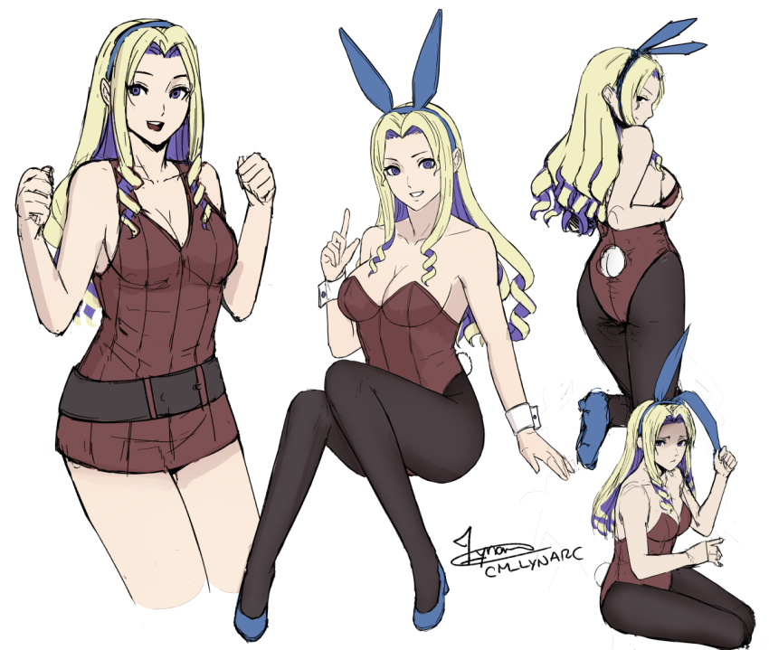 1girl, ass, blonde_hair, breasts, cleavage, constance_von_nuvelle, fire_emblem, fire_emblem:_three_houses, lynarc, medium_breasts, multicolored_hair, nintendo, pantyhose, playboy_bunny, purple_eyes, purple_hair, rabbit_ears, simple_background, solo, white_background