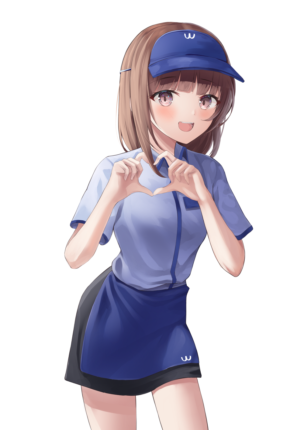 1girl, :d, apron, black_skirt, blue_apron, blue_headwear, brown_eyes, brown_hair