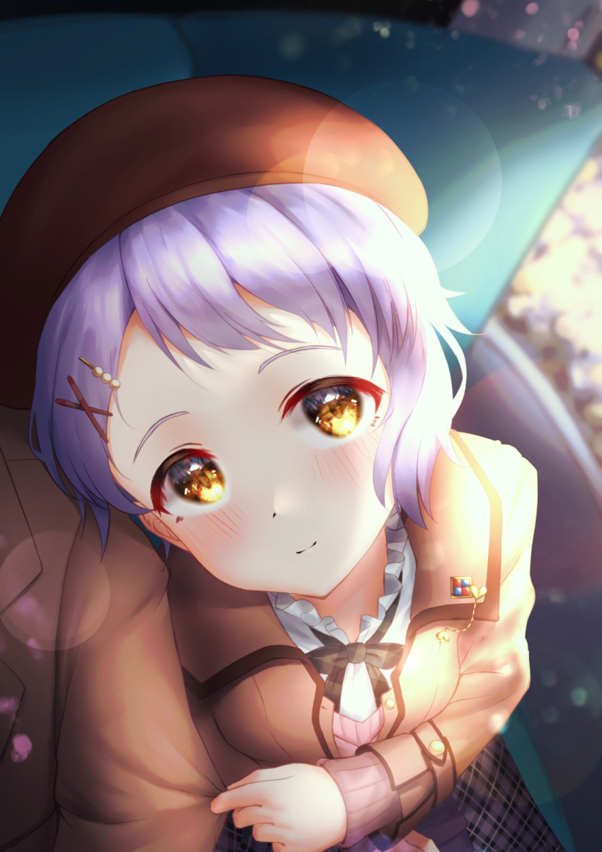 1boy, 1girl, afrobluescombo, beret, black_bow, black_bowtie, blurry, blurry_background