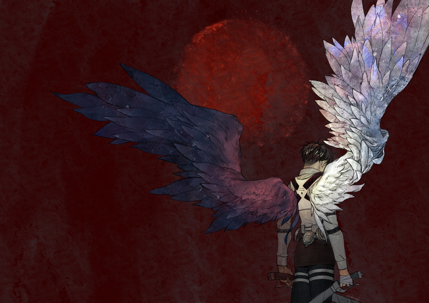 1boy, arms_at_sides, asymmetrical_wings, bandaged_hand, bandages, black_pants, black_wings, collared_shirt