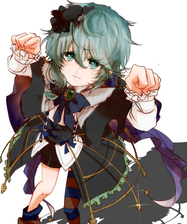 1boy, aqua_eyes, aqua_hair, asuta1102, black_cape, cape, clothing_request, ouji_fashion, lolita_fashion, long_sleeves, looking_at_viewer, looking_up, male_focus, rolf_(yume-100), shirt, short_hair, shorts, solo, striped_clothes, striped_thighhighs, thighhighs, white_background, white_shirt, yume_oukoku_to_nemureru_100-nin_no_ouji-sama