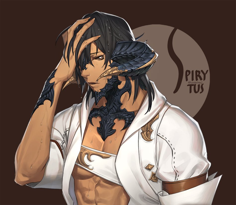 1boy, armband, au_ra, black_hair, black_sclera, brown_background, colored_sclera, curled_horns