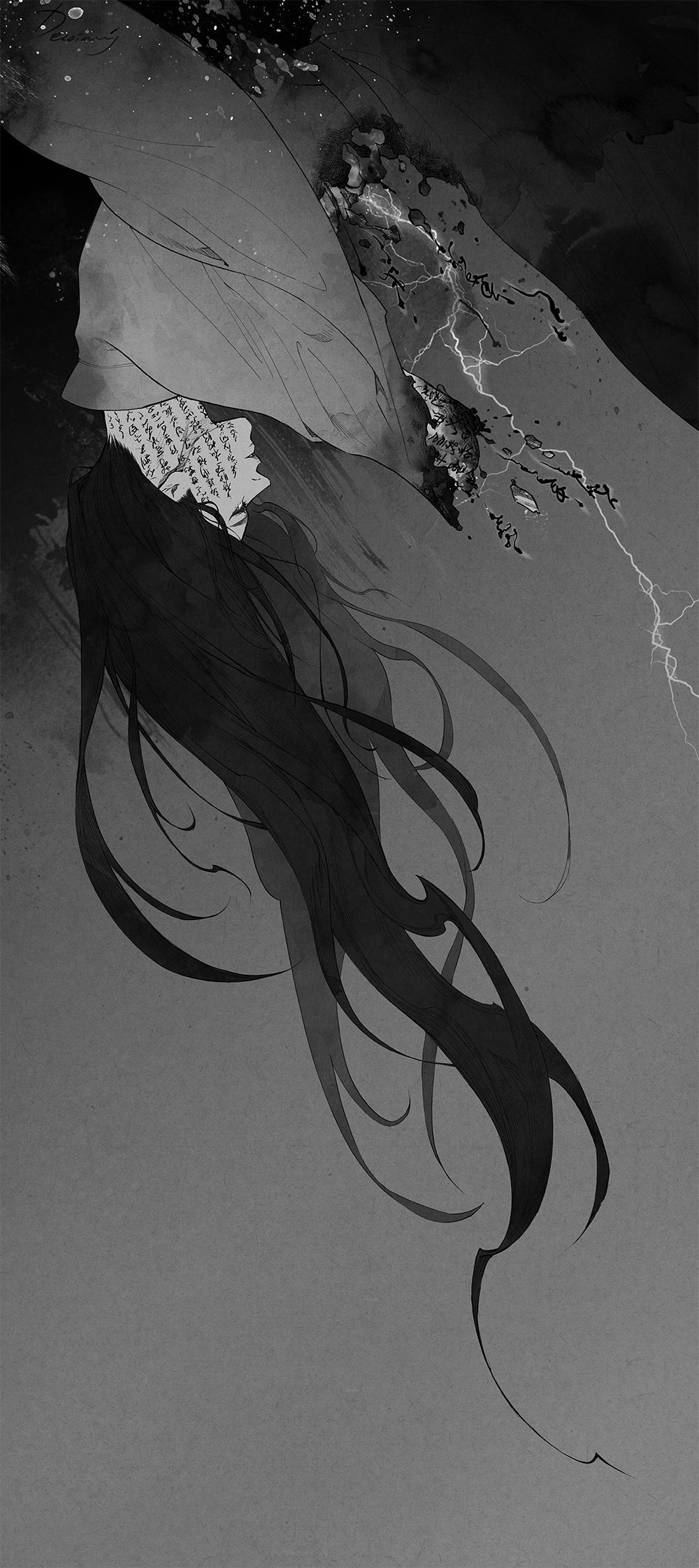 1boy, amputee, body_writing, cowboy_shot, dissolving, eyelashes, facial_mark, falling