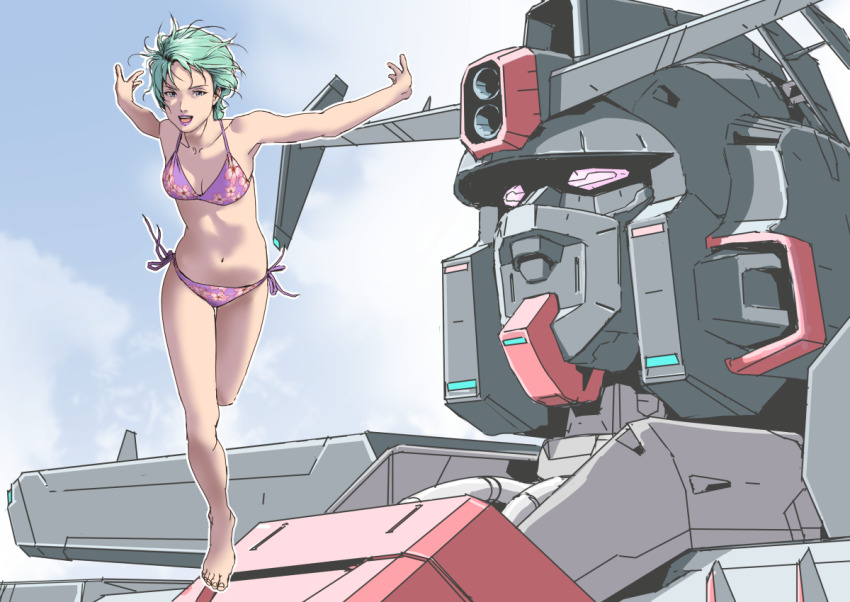1girl, bikini, four_murasame, green_hair, gundam, mecha, psycho_gundam, robot, short_hair, string_bikini, swimsuit, teikoku_jokyoku, zeta_gundam, zeta_gundam_define