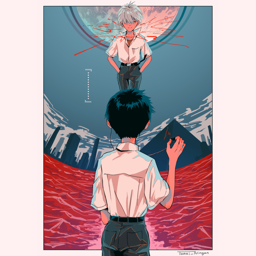 ..., 2boys, absurdres, artist_name, belt, black_belt, black_hair, black_pants